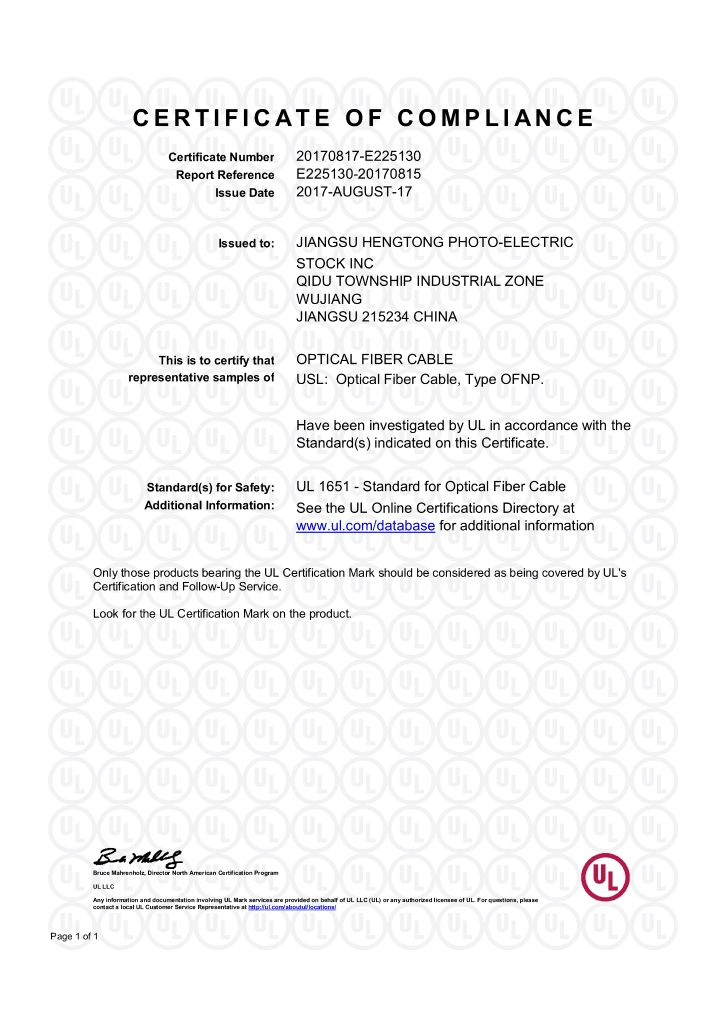 UL1651-USL Optical Fiber Cable, Type OFNP